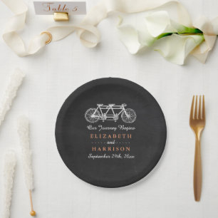 Tandem Bicycle On Chalkboard Wedding Paper Plate