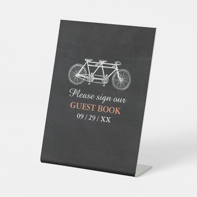 Tandem Bicycle On Chalkboard Wedding Pedestal Sign (Front)