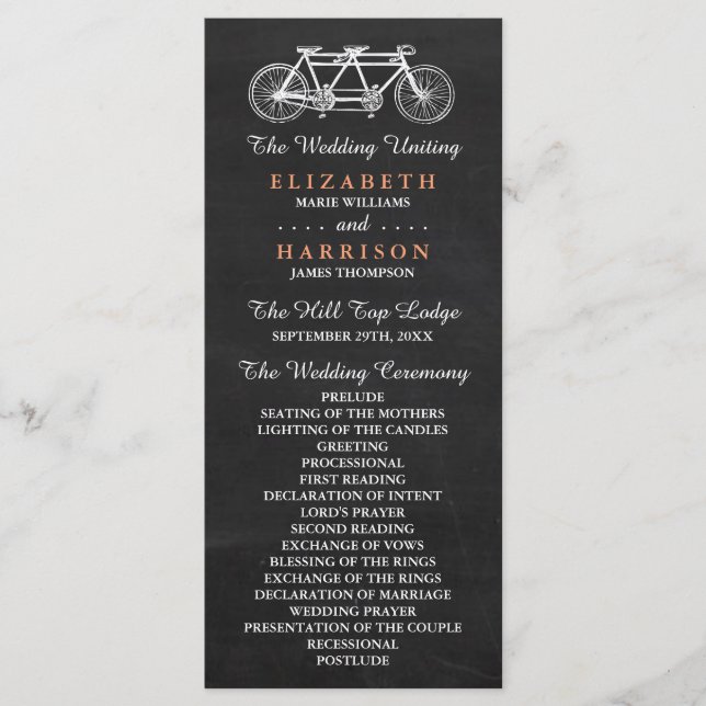 Tandem Bicycle On Chalkboard Wedding Program (Front)