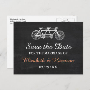 Tandem Bicycle On Chalkboard Wedding Save The Date Announcement Postcard