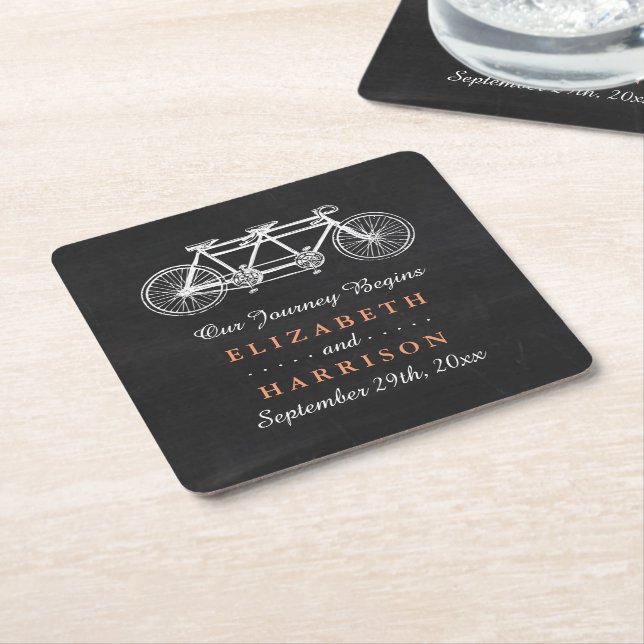 Tandem Bicycle On Chalkboard Wedding Square Paper Coaster (Angled)