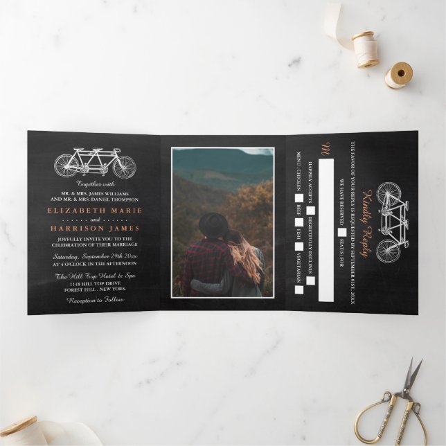 Tandem Bicycle On Chalkboard Wedding Suite Tri-Fold Invitation (Inside)