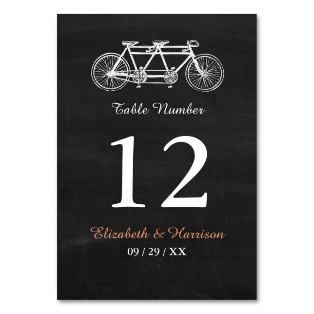Tandem Bicycle On Chalkboard Wedding Table Number (Front)