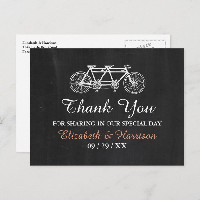 Tandem Bicycle On Chalkboard Wedding Thank You Postcard (Front/Back)