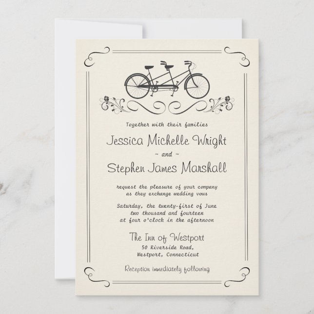 Tandem Bicycle Vintage White Wedding Invitation (Front)
