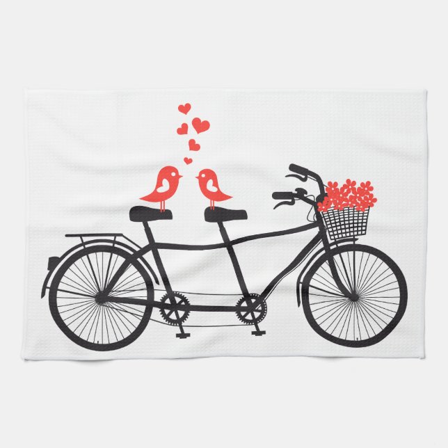 tandem bicycle with cute love birds tea towel (Horizontal)