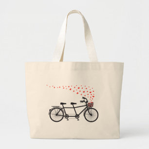 tandem bicycle with red hearts large tote bag
