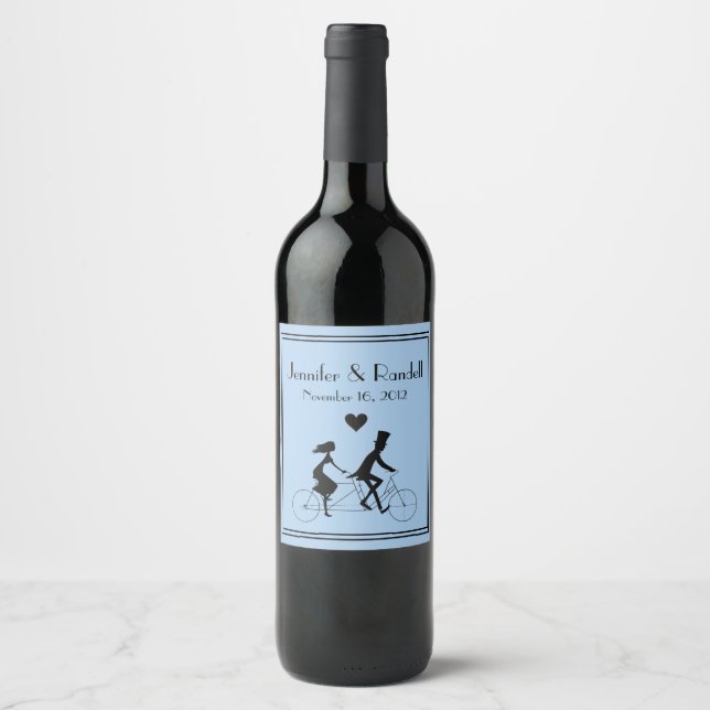 Tandem Bike Riding Wedding Wine Label (Front)