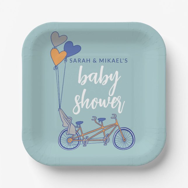 Tandem bike with baby seat shower design paper plate (Front)