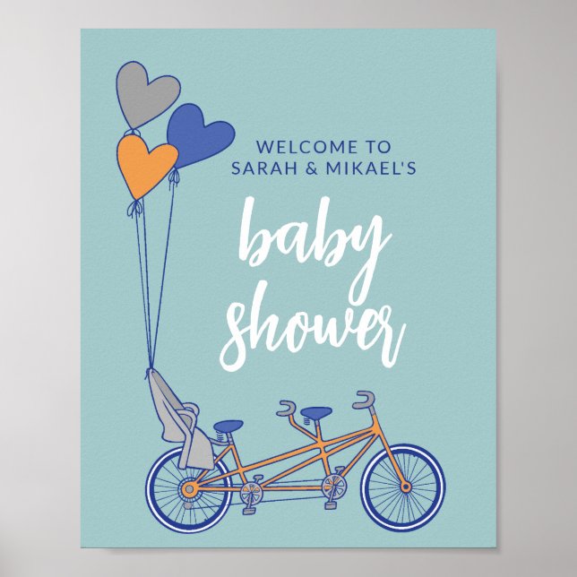 Tandem bike with baby seat shower sign (Front)