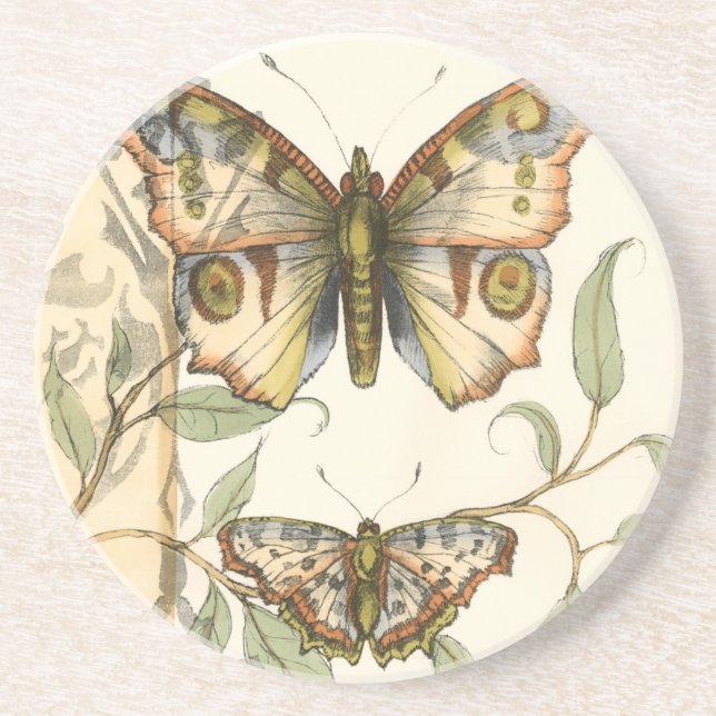Tandem Butterflies Over Green Leaves Coaster (Front)