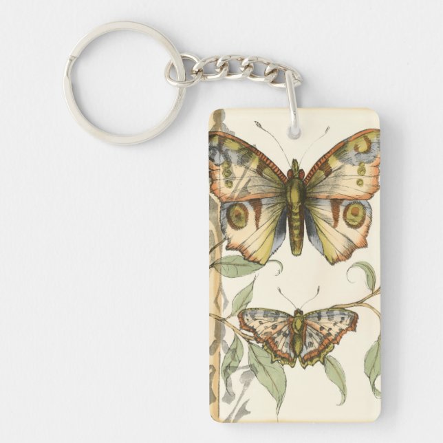 Tandem Butterflies Over Green Leaves Key Ring (Front)