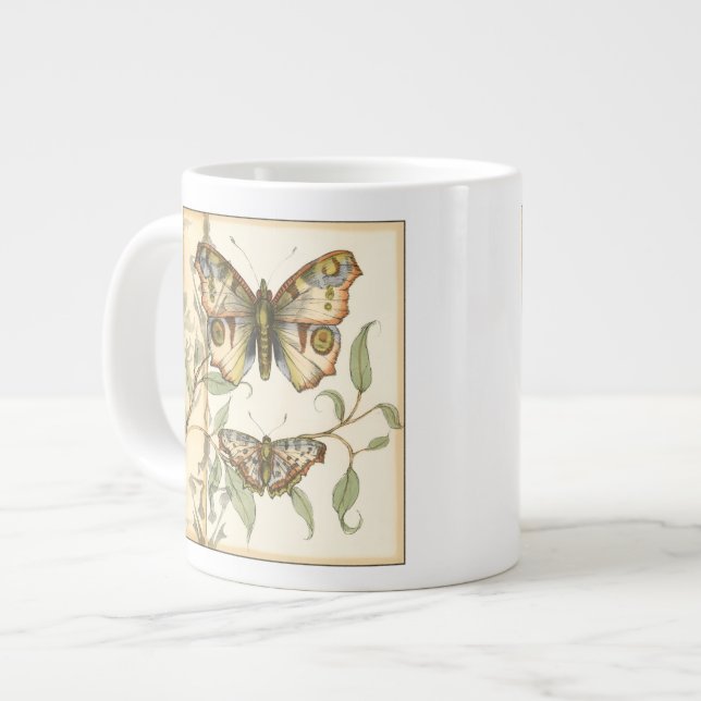 Tandem Butterflies Over Green Leaves Large Coffee Mug (Front Left)