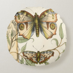 Tandem Butterflies Over Green Leaves Round Cushion