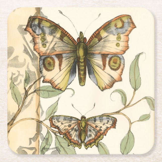 Tandem Butterflies Over Green Leaves Square Paper Coaster (Front)