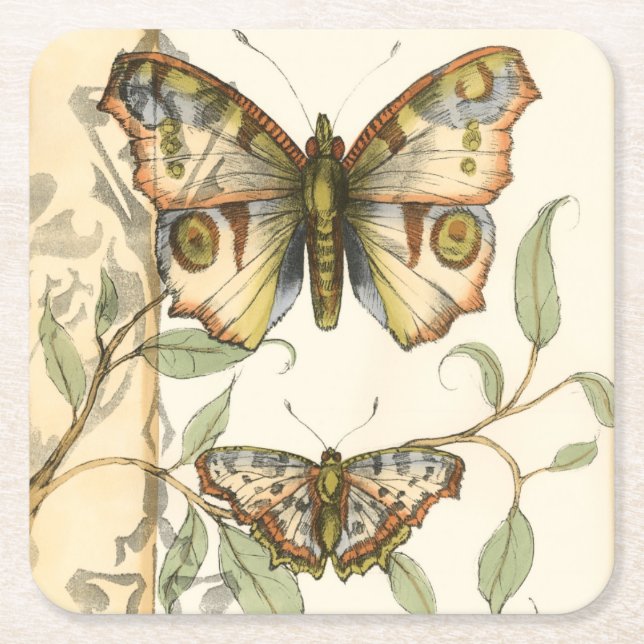 Tandem Butterflies Over Green Leaves Square Paper Coaster (Front)