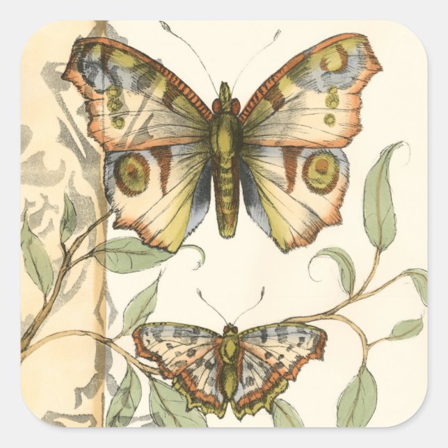 Tandem Butterflies Over Green Leaves Square Sticker (Front)