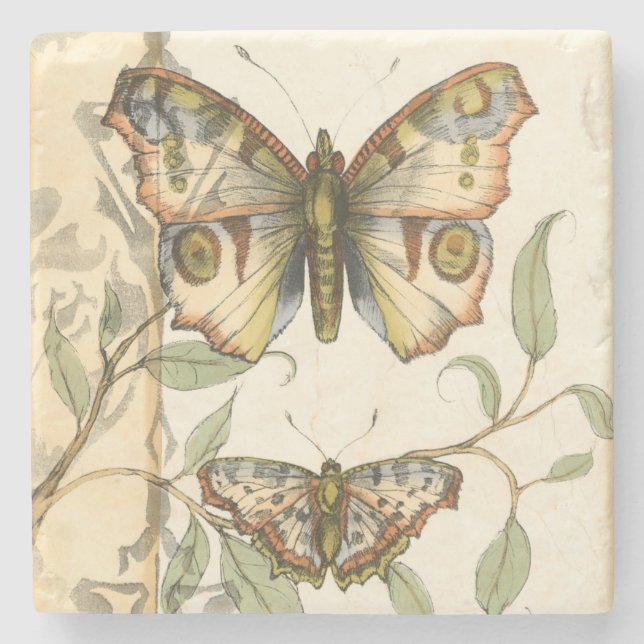 Tandem Butterflies Over Green Leaves Stone Coaster (Front)