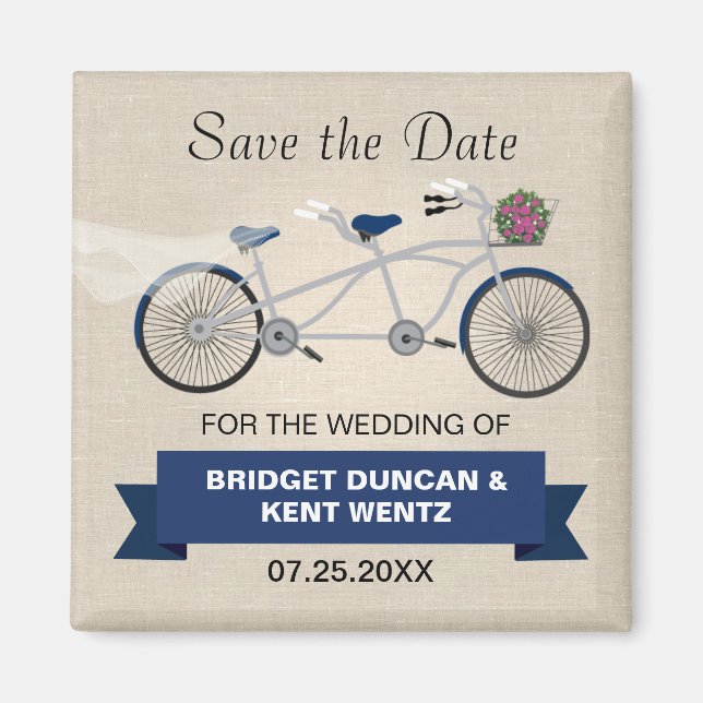 Tandem Dark Blue Bicycle Save the Date Magnet (Front)