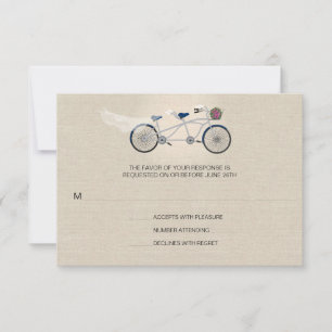 Tandem Dark Blue Bicycle Wedding Faux Linen RSVP Card