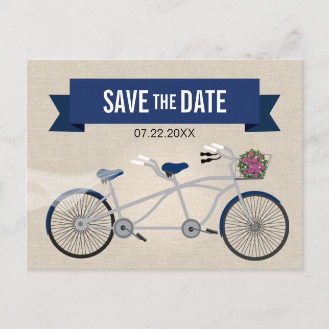 Tandem Dark Blue Bicycle Wedding Save the Date Announcement Postcard (Front)