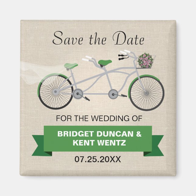 Tandem Green Bicycle Save the Date Magnet (Front)