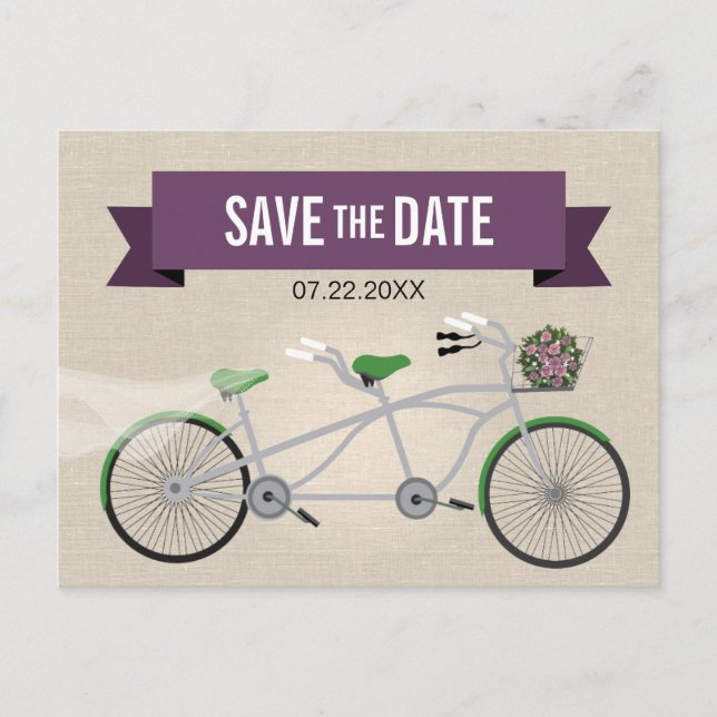 Tandem Green Bicycle Wedding Save the Date 2 Announcement Postcard (Front)