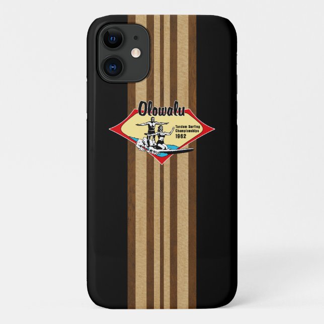 Tandem Surfing Hawaiian Faux Wood Black Surfboard Case-Mate iPhone Case (Back)