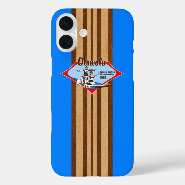 Tandem Surfing Hawaiian Faux Wood Blue Surfboard Case-Mate iPhone Case (Back)