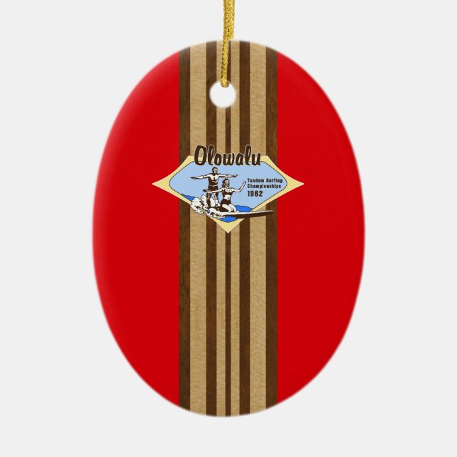 Tandem Surfing Hawaiian Faux Wood Surfboard Ceramic Ornament (Front)