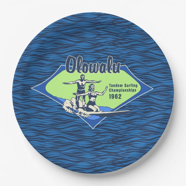 Tandem Surfing Hawaiian Vintage Surf Design Paper Plate (Front)