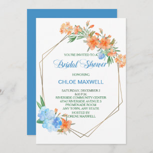 Tangerine and Blue Floral Frame Bridal Shower Invitation