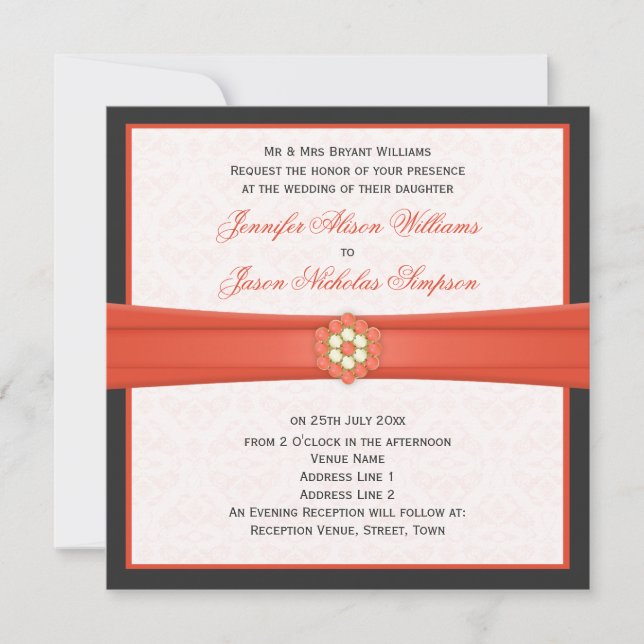 Tangerine and Dark Grey Wedding Jewels Invitations (Front)