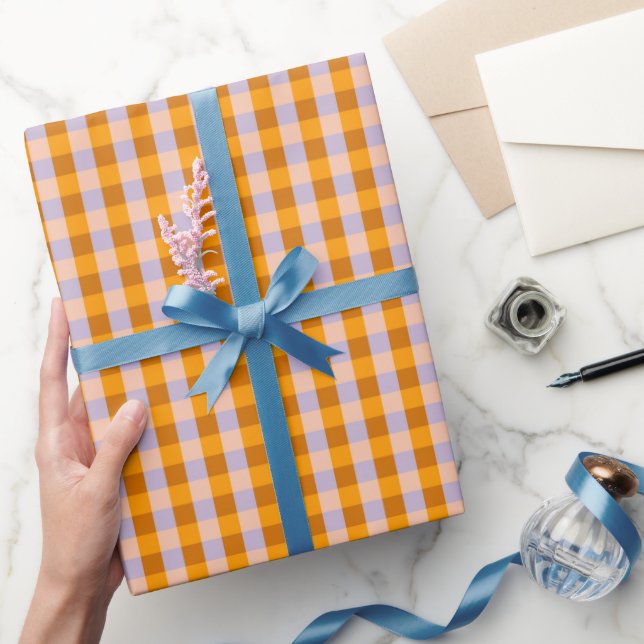 Tangerine and lavender gingham checks pattern  wrapping paper (Gifting)