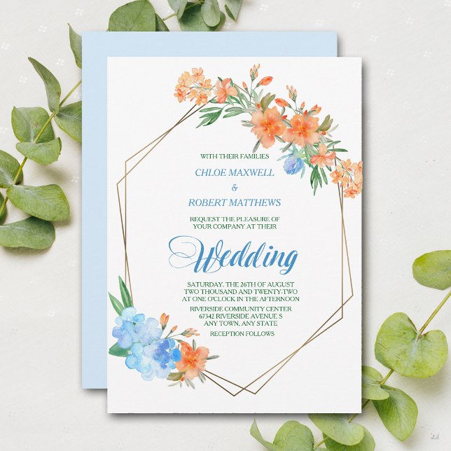 Tangerine and Light Blue Floral Frame Wedding Invitation (Creator Uploaded)