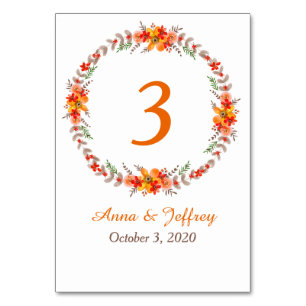 Tangerine Autumn Floral Wreath Wedding Table Number