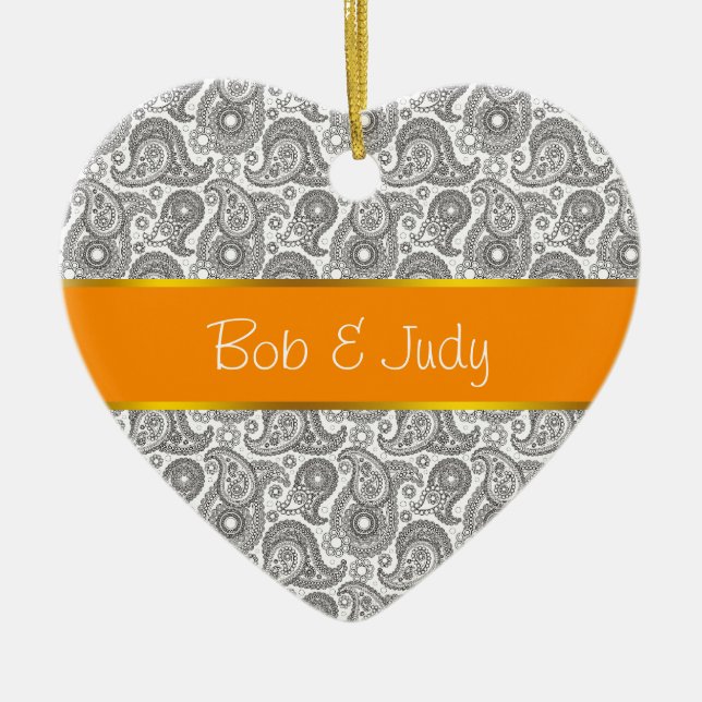 Tangerine Black Paisley Ceramic Ornament (Front)