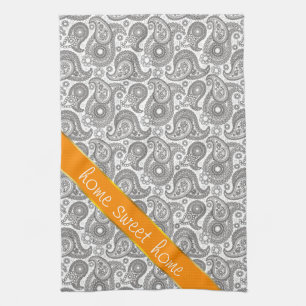 Tangerine Black Paisley Tea Towel