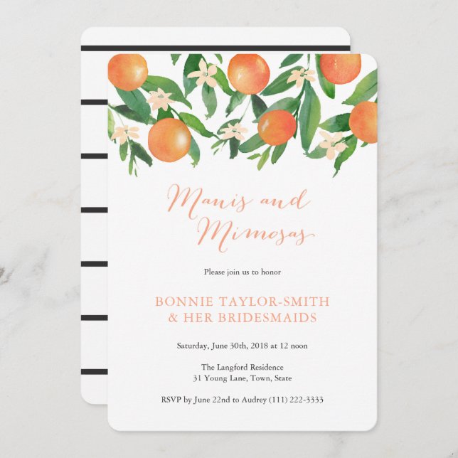 Tangerine Charcoal Manis Mimosas Bridal Luncheon Invitation (Front/Back)