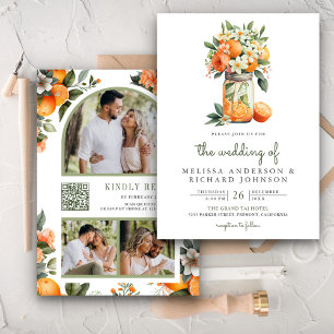 Tangerine Citrus Orange Mason Jar QR Code Wedding Invitation