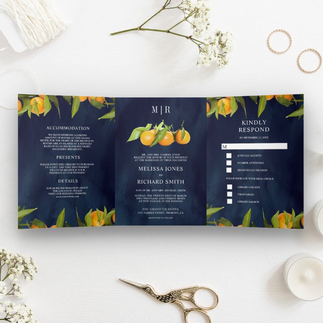 Tangerine Citrus Orange Orchard Navy Blue Wedding Tri-Fold Invitation (Creator Uploaded)