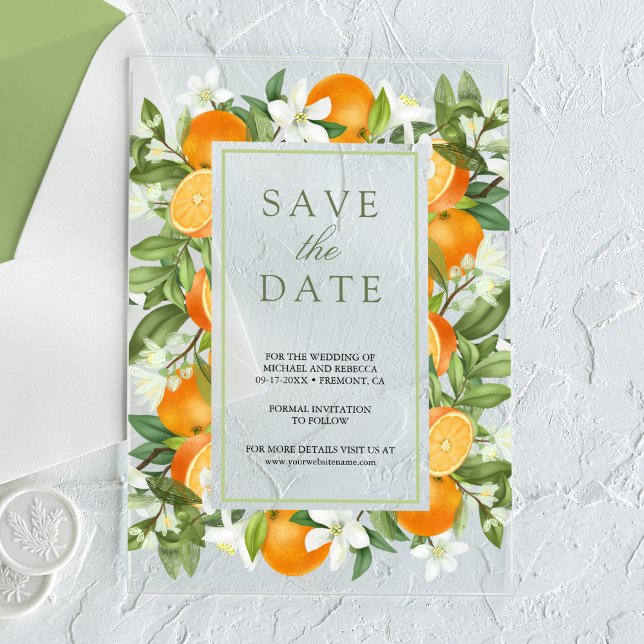 Tangerine Citrus Orange Wedding Save the Date Acrylic Invitations (Creator Uploaded)