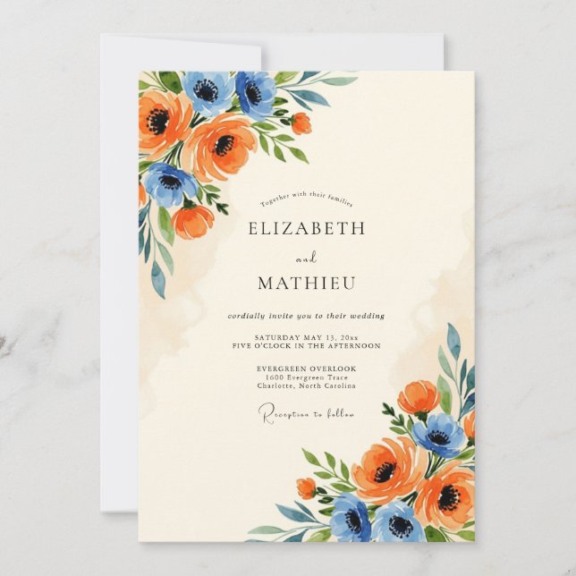 Tangerine Cornflower Blue Scenic Spring Wedding Invitation (Front)