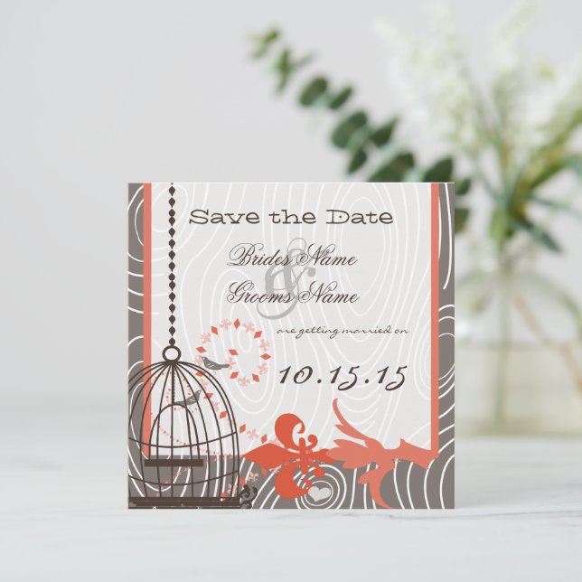 Tangerine Driftwood Wood Grain Bird Cage Invitation (Standing Front)