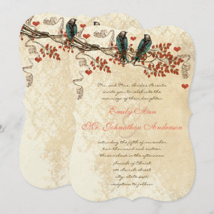 Tangerine Fall Leaves Vintage Bird Wedding Invite