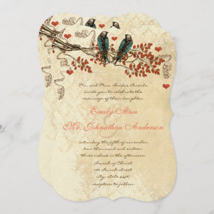Tangerine Fall Leaves Vintage Bird Wedding Invite