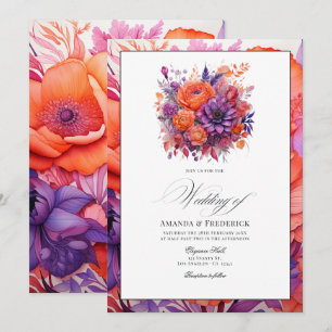 Tangerine, Hot-Pink & Royal Purple Floral Wedding Invitation
