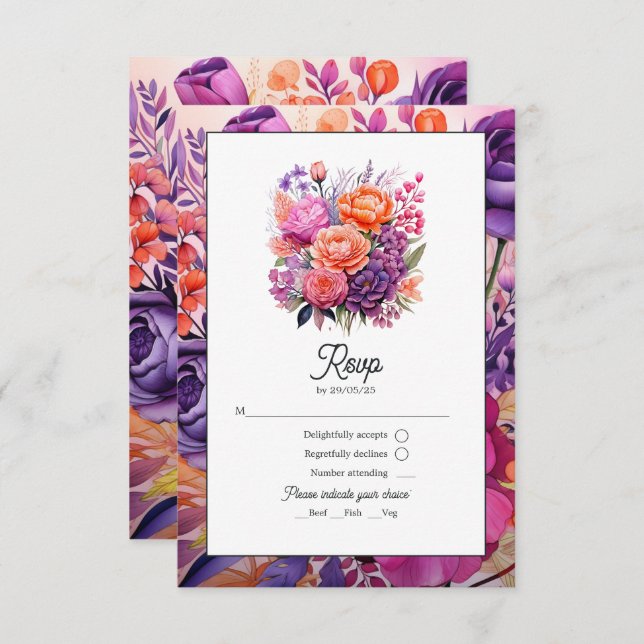 Tangerine, Hot-Pink & Royal Purple Floral Wedding RSVP Card (Front/Back)