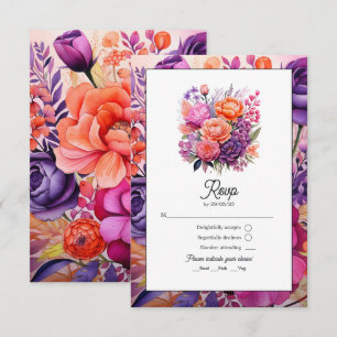 Tangerine, Hot-Pink & Royal Purple Floral Wedding RSVP Card