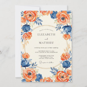 Tangerine Indigo Ranunculus Eucalyptus Wedding Invitation